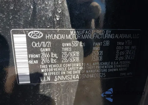 2022 Hyundai Santa Fe Sel из США, поврежденный, VIN 5NMS24AJ3NH401325